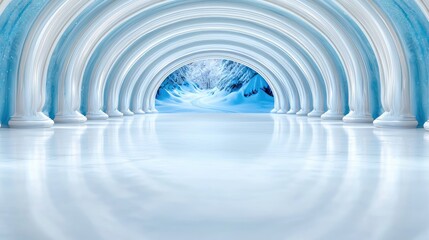 Obraz premium Ethereal white and blue tunnel background abstract symmetrical archway design cool color palette