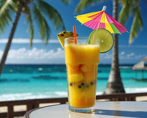 Tropical cocktail drink on a sunny beach with ocean view and summer vibes