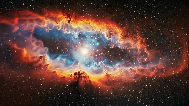 A breathtaking view of a vibrant planetary nebula, showcasing swirling colors of orange, red, and blue against a backdrop of countless stars.