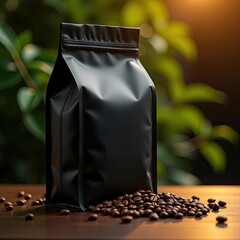 Black coffee bag with scattered beans on wooden table, surrounded by green foliage in warm light