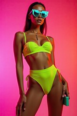 Vibrant fashion model in neon bikini poses confidently against a colorful gradient backdrop