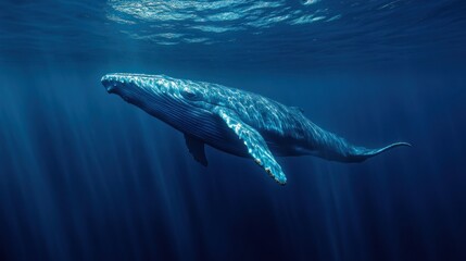 Fototapeta premium Majestic blue whale gliding gracefully through the deep ocean waters