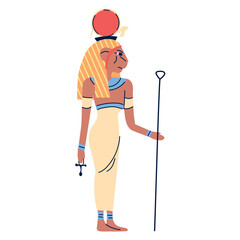 Flat vector illustration of an ancient Egyptian goddess with traditional attire, holding an ankh and staff, symbolizing mythology and culture