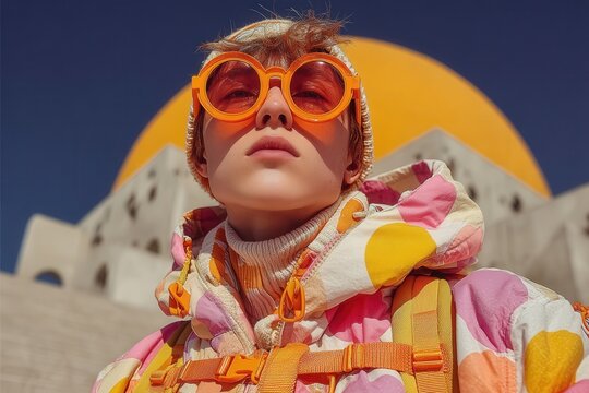 Bold pastel layers and oversized style shine in sharp light an editorial ready close-up celebrating inclusive genderless fashion in an urban setting.