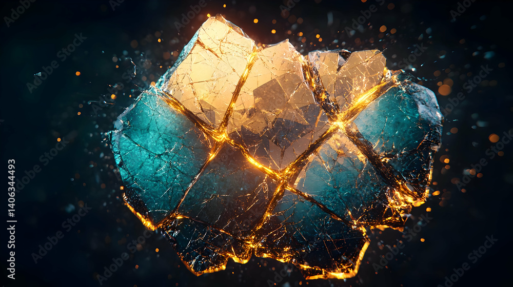 Poster a 3d rendered exploding fist of blue and gold particles depicting strength and resilience in a dark 