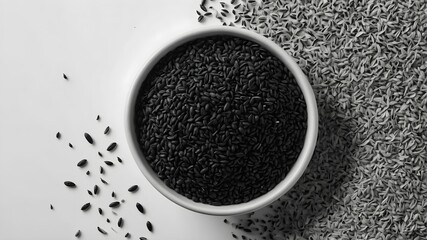 Black sesame seeds in white bowl flat lay composition on white textured background, closeup. Best for Asian recipe blogs and ingredient packaging