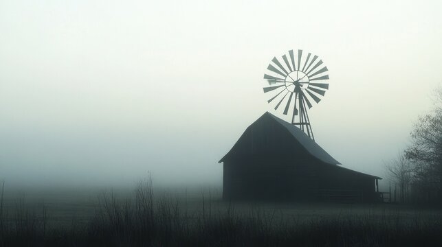 Mystical foggy farm landscape with silhouette barn and windmill evokes serenity