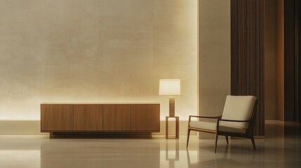 Modern minimalist waiting area with warm lighting.