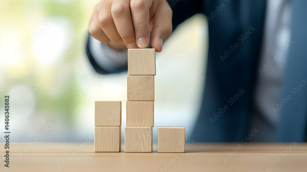 Poster man's hand stacking wooden blocks on a table with blurred background achieving growth
