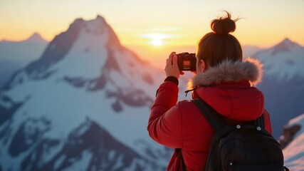 Woman in Red Parka Captures Majestic Sunrise over Snowy Peaks
