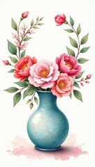 Obraz premium Soft watercolor floral wreath surrounding a delicate vase , vases, spring