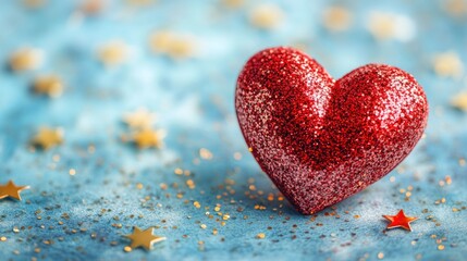 Obraz premium Festive red heart on a light blue background with gold stars.