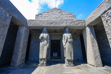 Caryatids in the courtyard of the Mausoleum of Njegoš on top of Mount Lovćen in the Lovćen...