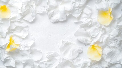 Fototapeta premium Elegant white floral frame background soft pastel yellow petals blurred texture
