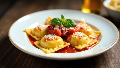 Ravioli on plate with tomato sauce and parmesan cheese , italian food, meal, spinach