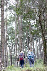 Fototapeta premium Adventure asian man and woman traveler with backpack on joy fun beautiful nature forest scenic landscape vacation summer holiday, Tourism destination Asia. Outdoors sport.