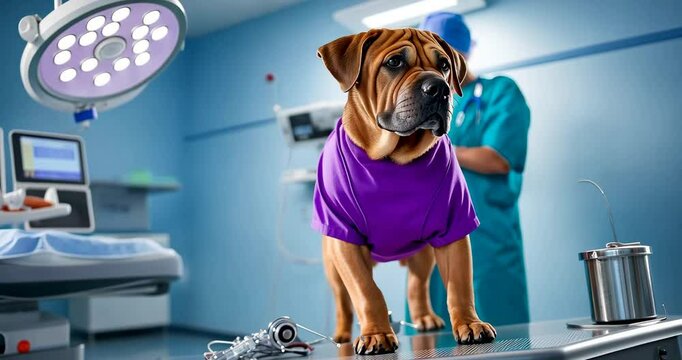 Shar Pei in Purple Scrubs Stands