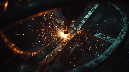 Welder working on a metal frame at night. Featuring welding precision