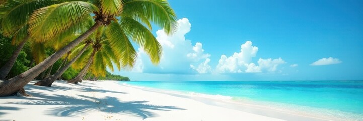 Obraz premium White sand beach with palm trees swaying in the breeze, serene, beach