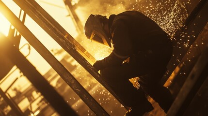 Fototapeta premium Welder working on a metal frame for a large machine. Featuring welding work