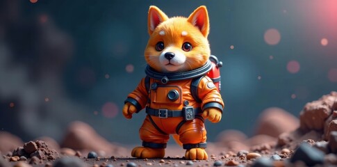 Canine figure in full-body spacesuit standing upright, spacesuit, dog