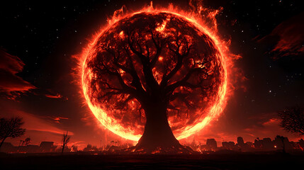 Spooky halloween night background features a black tree silhouette against an orange sunset sky with a dark moon