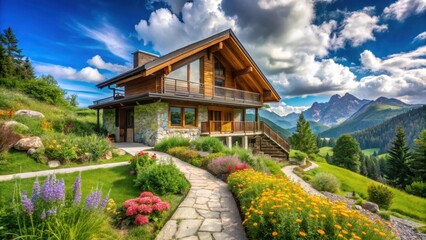 Obraz premium Mountainside Chalet with Vibrant Flower Gardens and Stone Pathways