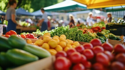 Fresh produce at market with people browsing and colorful baskets