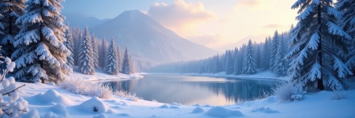 Frosty forest landscape with snow-covered trees and frozen lake, snow, forest, frozen