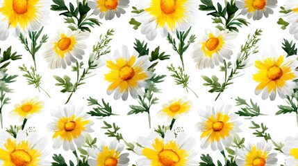 Obraz premium Delicate white daisies with yellow centers and green leaves, creating a pattern on a surface. The image is ideal for various design uses, with a seamless, fresh and charming style. 