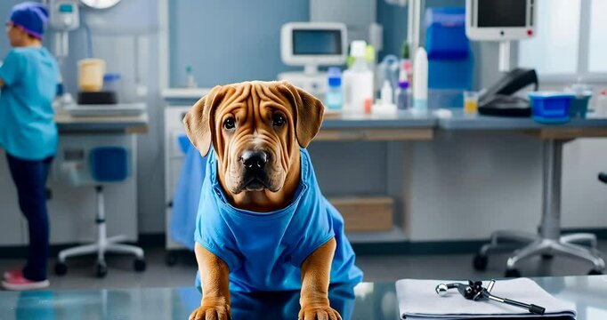 Shar Pei in Blue Scrubs in Clinic