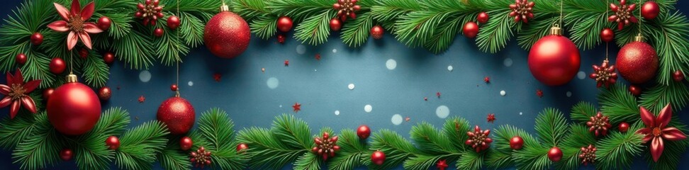 Naklejka premium Christmas Border With Coniferous Branches And Garland, evergreen, winter wonder