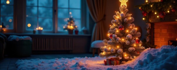 Fototapeta premium Snowy Christmas tree with festive lights in a dimly lit room, rustic charm, festive background