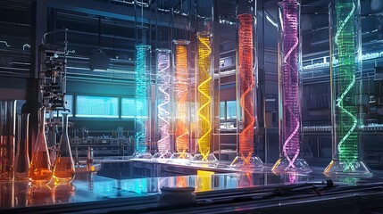 Cutting-edge Biotech Lab with Colorful Glassware and Detailed DNA Strand