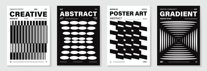 Abstract monochrome poster background vector set. Modern cover template with black and white perspective geometric prism shape, halftone dot, line. Ideal design for social media, banner, ads. 