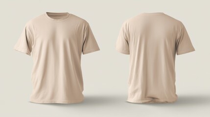 A simple beige t-shirt displayed from front and back sides. The t-shirt is plain with short sleeves, perfect for apparel design and product mockups