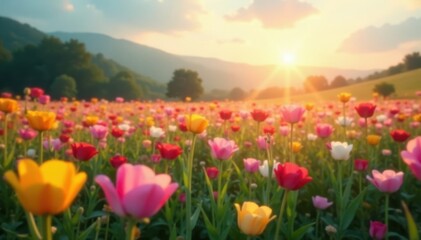 Fototapeta premium Gentle Morning Light on a Blooming Flower Field , light, field
