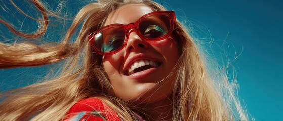 Obraz premium Happy woman with long blonde hair and red sunglasses against a bright blue sky. Her radiant smile and windblown hair suggest carefree joy and summer fun. 