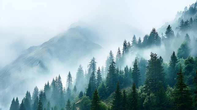 Misty forest landscape with lush green trees on mountain slopes.
