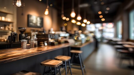 Blurred upscale coffee shop interior with barista counter, stools, and soft warm tones