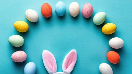 Easter eggs arranged in a semi-circle with bunny ears in the center on a blue background.