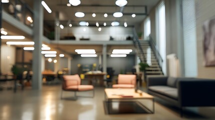 Blurred tech startup interior with open plan, modern furniture, and creative vibe