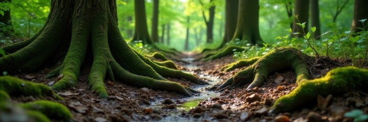 Obraz premium Muddy forest floor with twisted roots and moss-covered tree trunks , decay, nature, forest