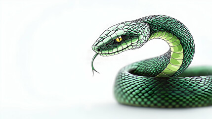Fototapeta premium Pixelated Green Snake with Forked Tongue on A White Background: Detailed Close-Up of 8-Bit Reptile Coiled