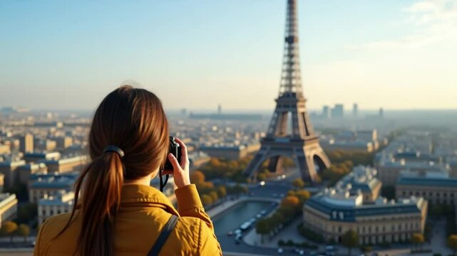 Parisian Panorama: Young Woman Photographing Eiffel Tower from Elevated Viewpoint