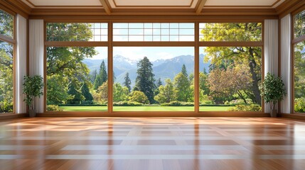 Fototapeta premium Expansive window view serene interior design natural light spacious room home decor