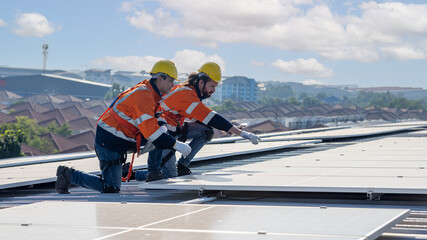 Green Energy, Professional Engineer Service Solar Panel. Worker Maintenance Cleaning Replacing Solar Panel. Solar photovoltaic panel system in Industry roof. Saving Energy with Clean Power.
