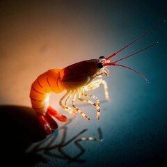 A shrimp creatively lit using natural earth tones, browns, beiges, and muted colors, artistic lighting creating abstract patterns