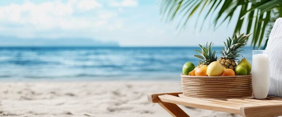 Obraz premium Tropical fruits beach vacation setting for lifestyle travel and healthy eating