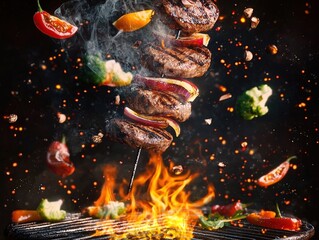 Photorealistic grilled exotic kebab with colorful vegetables and meat sizzling over open flames, smoke rising in dramatic contrast against black background, perfect for food advertising use